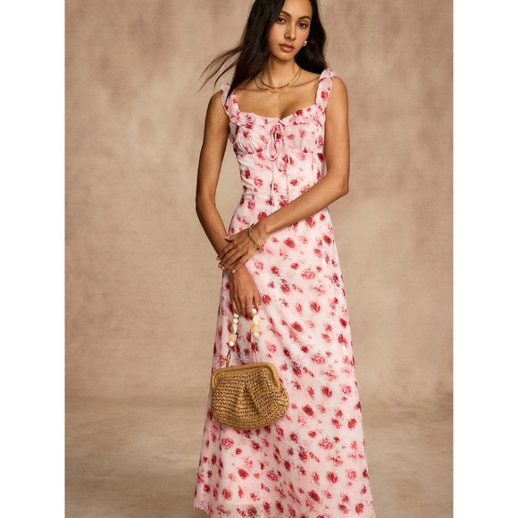 Commense Floral Maxi Dress Open Back Ruffle Tie Cottagecore size XL/12US - Picture 2 of 6